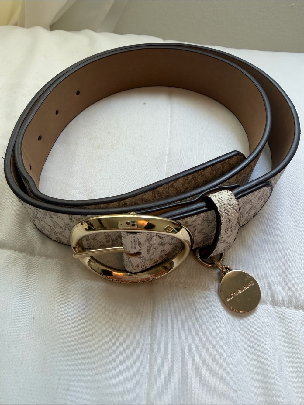 Michael Kors Beige/Tan Signature Logo Belt with Gold Buckle